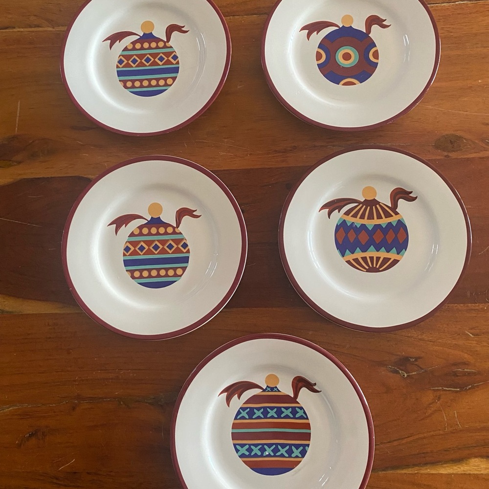 Set of 5 Christmas ornament dessert plates with red‎ trim by Gibson